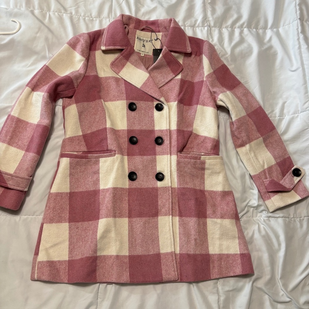 Allegra K Pink White Plaid Double-Breasted Collared Pea Coat Size L - Picture 2 of 9